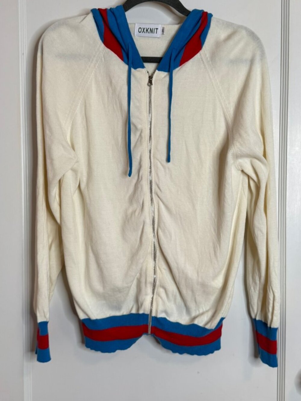 OXKNIT White Cotton Zip Up Hoodie Blue Red Striped Trim Retro Sweater sz XL